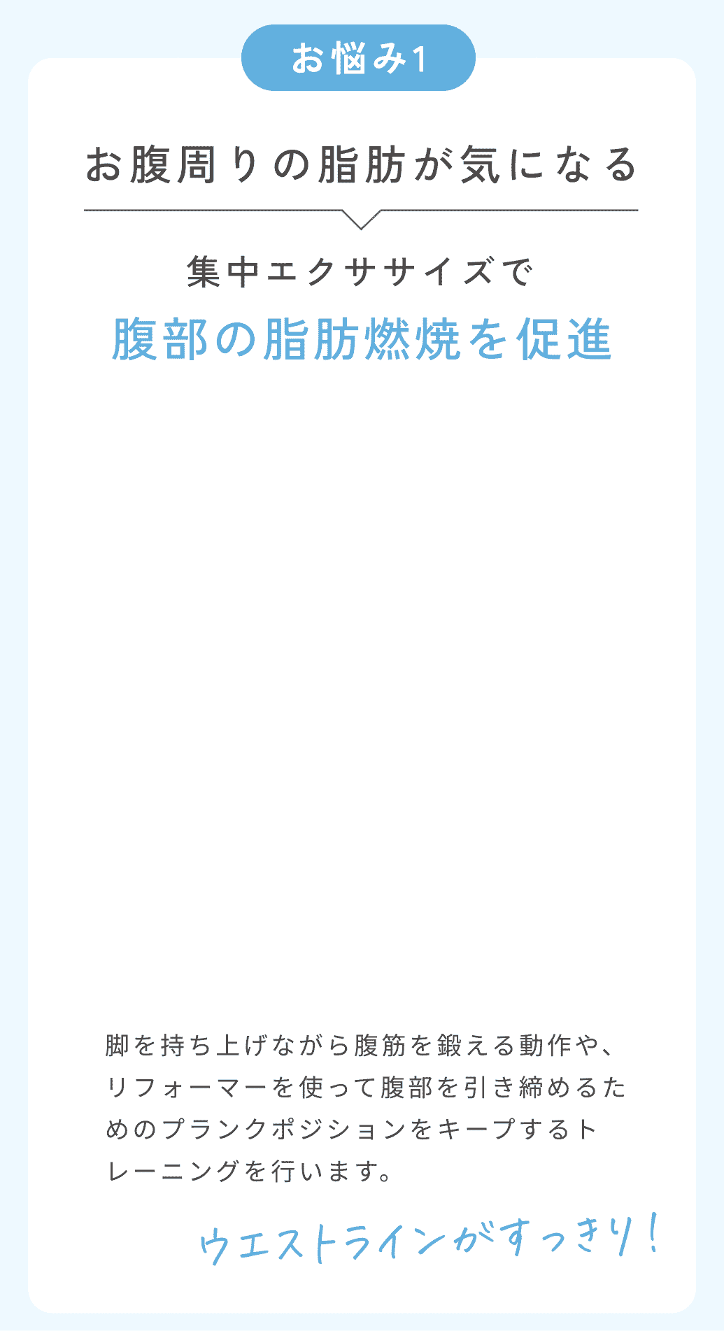 お悩み1お腹周りの脂肪が気になる。集中エクササイズで腹部の脂肪燃焼を促進。脚を持ち上げながら腹筋を鍛える動作や、リフォーマーを使って腹部を引き締めるためのプランクポジションをキープするトレーニングを行います。ウエストラインがすっきり！