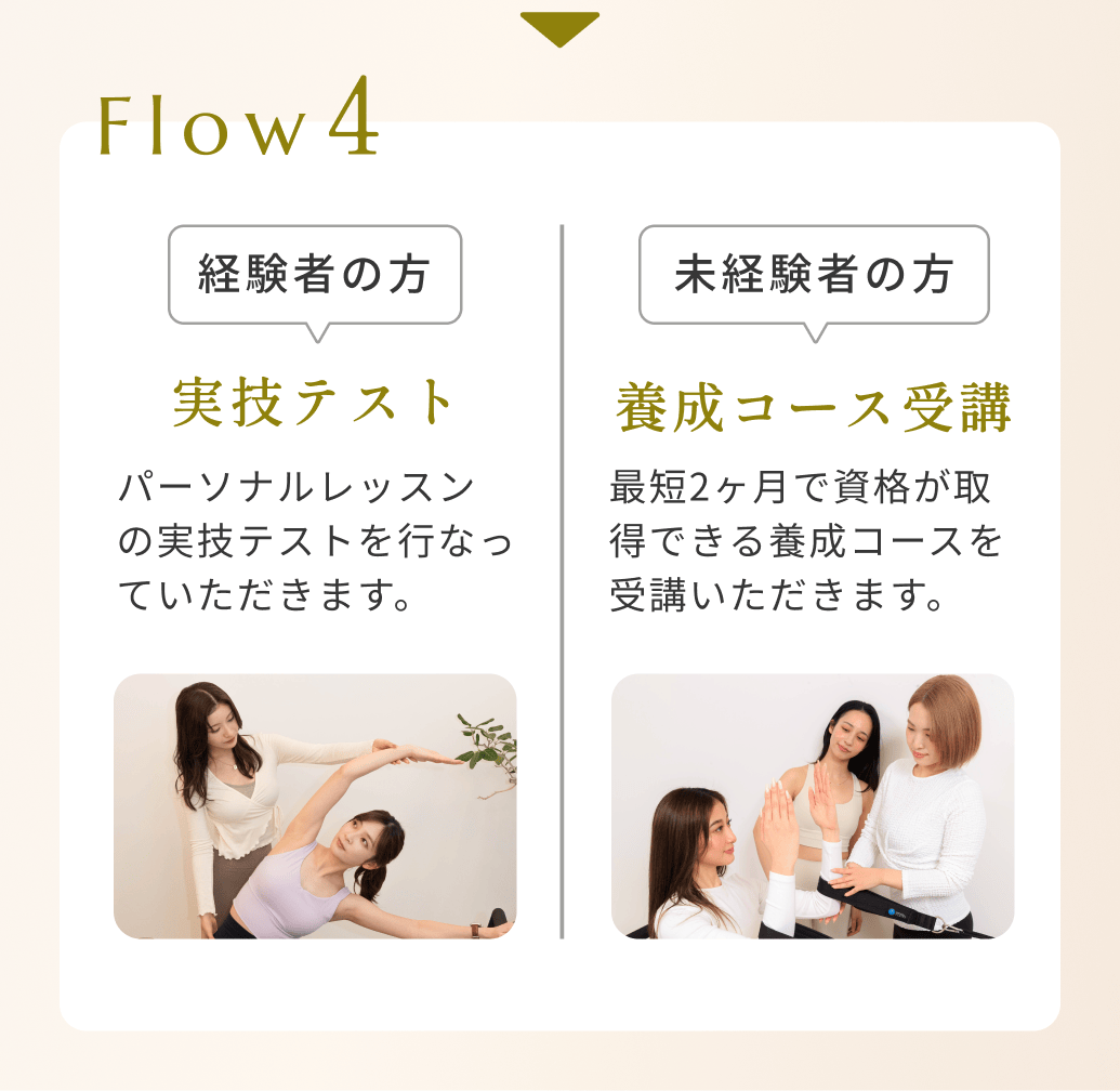 Flow4経験者の方 実技テスト：パーソナルレッスンの実技テストを行なっていただきます。未経験者の方 養成コース受講：最短2ヶ月で資格が取得できる養成コースを受講いただきます。