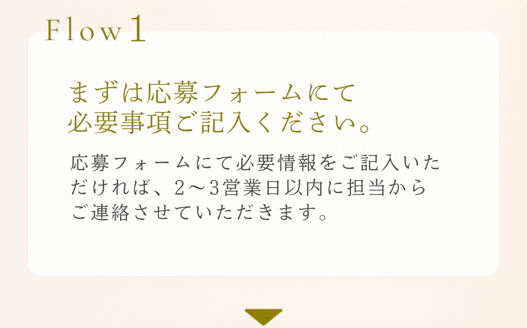 Flow1 まずは応募フォームにて必要事項ご記入ください。応募フォームにて必要情報をご記入いただければ、2〜3営業日以内に担当からご連絡させていただきます。